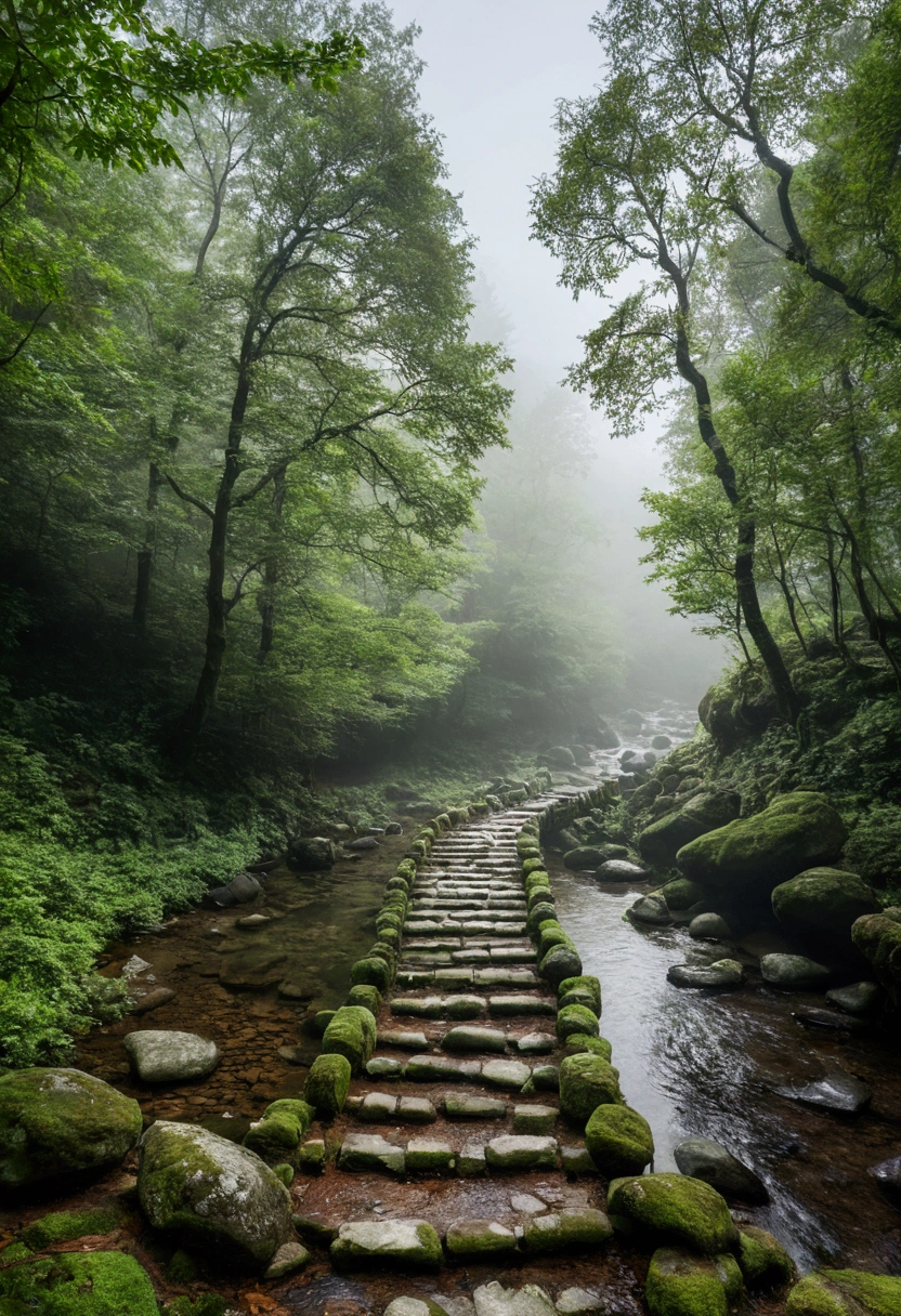 Mountain stream in primeval forest，Clouds and mist，Vertical shot of an ancient stone path with guardrails，The water is clear and you can see many small pebbles，Very fresh and natural，Emerald green, clear gray tone,The Rule of Thirds，Maximum resolution，All the details can be seen clearly，4K