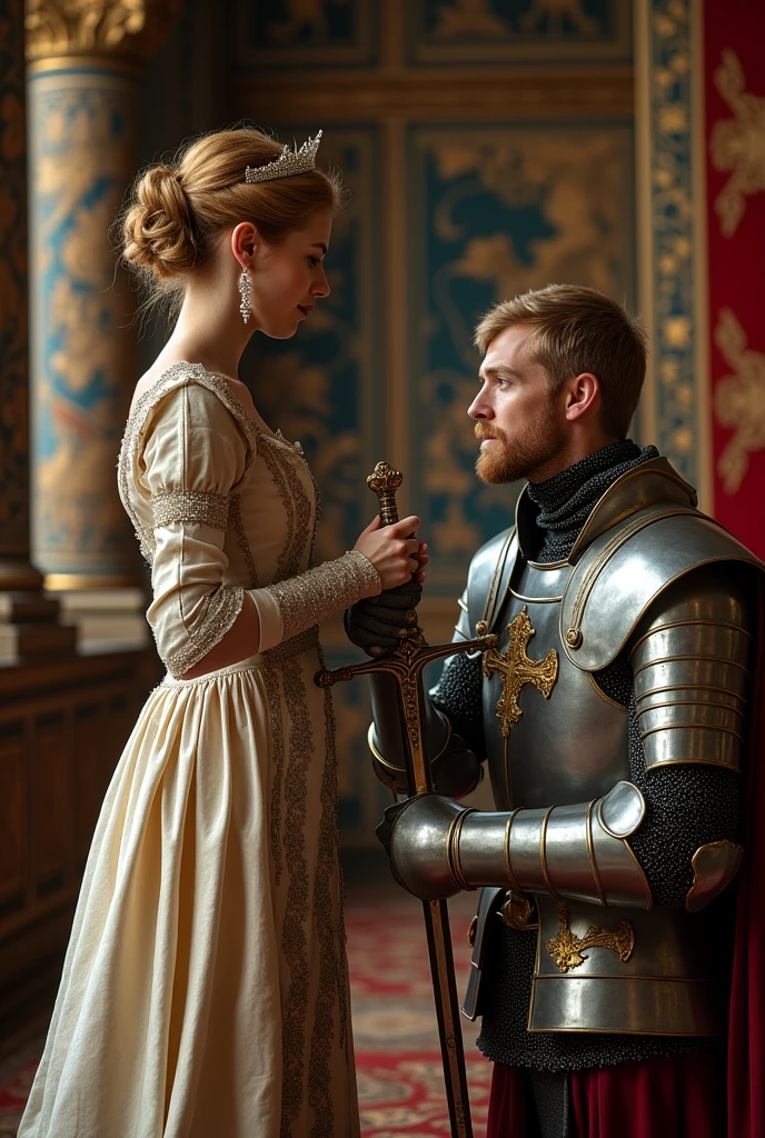 The queen places her sword on the kneeling knight's shoulder., Acored, (1 woman and 1 man is existence), front view, Full-body, 13 century, English, White girl, England queen, 30 age-old, (blend hair, hair bun, little lip, little smile ) (tiara, earring), (middle breasts, slender whist, middle hip), slender body,(ancient old fashion, courtly romance), hands hold Crusader sword, sword put on knight shoulder, on floor, standing palace in London, (Englishman, 40 age-old, gold hair, middle hair, beard, mustache, Serious),Cover the whole body in armor, The handle is cross-shaped, It is decorated, kneeling , down head, (masterpiece, Highest quality, masterpiece, God-like quality, Godly art, Very realistic),