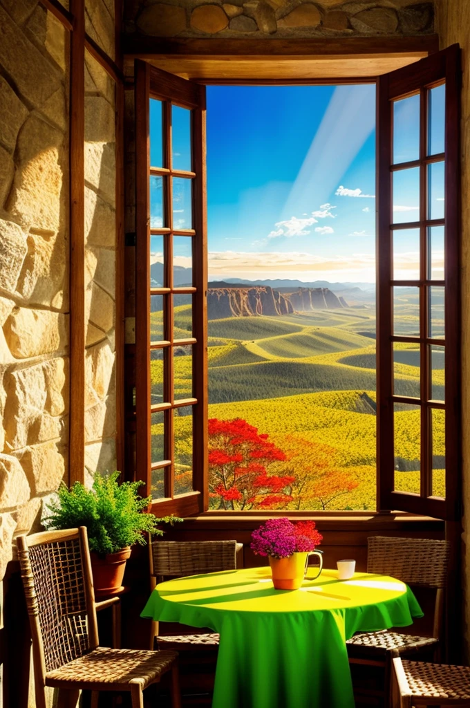 Atmospheric café, scenic view outside, vibrant colors, detailed, best quality, 