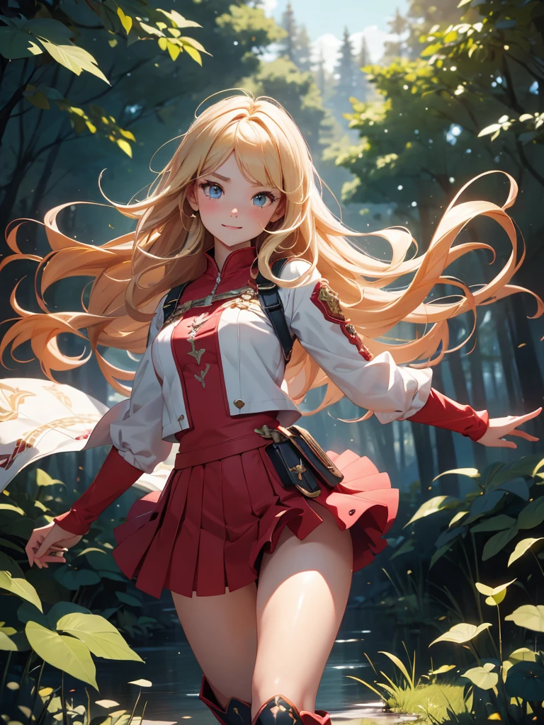 high resolution:1.7, incredibly absurdres, kawaii:1, cute:1.5, hires.fix, anime visual:1, incredibly fine illustration,8k,masterpiece:1.2,best quality, high quality, exquisite, beautiful,insanely detailed,intricate detailed, extremely detailed, Super Definition, ultra high res, Super Resolution, best aesthetic, ultra detailed:1.5, best quality, perfect face, detailed face,stunning art,absurdres,octane render,ultra hires,cute,Beautiful,(Cute and lovely),cute girl,((extremely cute and beautiful blond hair)),serious,smile,A 16 year old daughter becomes an adventurer and battles monsters for the first time.prepare a sword,Deep in the forest, red miniskirt, gold thighlet,boots,Spirits fly around her like stars, giving the girl power.full body