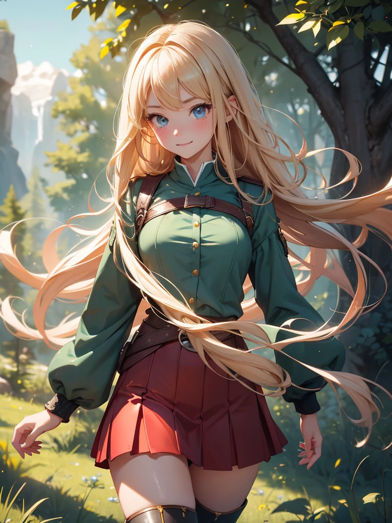 high resolution:1.7, incredibly absurdres, kawaii:1, cute:1.5, hires.fix, anime visual:1, incredibly fine illustration,8k,masterpiece:1.2,best quality, high quality, exquisite, beautiful,insanely detailed,intricate detailed, extremely detailed, Super Definition, ultra high res, Super Resolution, best aesthetic, ultra detailed:1.5, best quality, perfect face, detailed face,stunning art,absurdres,octane render,ultra hires,cute,Beautiful,(Cute and lovely),cute girl,((extremely cute and beautiful blond hair)),serious,smile,A 16 year old daughter becomes an adventurer and battles monsters for the first time.prepare a sword,Deep in the forest, red miniskirt, gold thighlet,boots,Spirits fly around her like stars, giving the girl power.full body