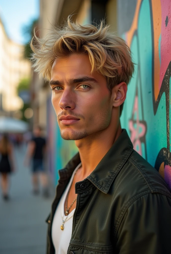 handsome male model blond hair green eye hair messy