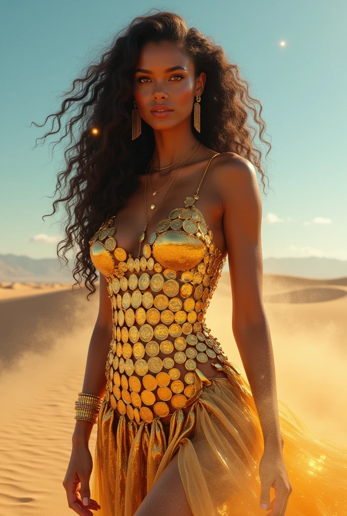 Create an exquisite full-body portrait of a tall and alluring mature woman, capturing her elegance and strength in a cinematic lighting environment. She wears a stunning dress made of interconnected gold coins, each piece intricately detailed and reflecting the sunlight beautifully. Her glowing, flowing sand-like aura surrounds her, interspersed with floating ember crystals that add a magical touch to the scene. Position her in a sensual yet tasteful pose that highlights her curves and confidence. Her long, curly hair cascades gracefully down her shoulders, adorned with delicate golden hair jewelry that catches the light. Her captivating golden eyes sparkle with energy, suggesting an enchanting depth. Set against a backdrop of a clear blue sky with a vast desert meeting the ocean, the composition blends natural beauty with a hint of fantasy. This masterpiece combines ultra-detailed realism with a sense of magic, emphasizing her powerful presence and the interplay of light and shadow around her. The entire scene should evoke a sense of wonder and allure while maintaining an air of sophistication.