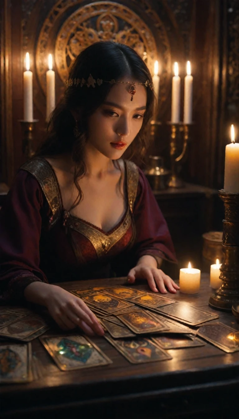 ((Masterpieces with up to 16K resolution):1.6),((soft_color_photograph:)1.5), ((非常にdetailedな):1.4),((Cinematic stills and dynamic angles):1.3). | (タロットテーブルに置かれたタロットカードのマクロ撮影映画のようなphotograph), (Fortune teller reading tarot cards), (Fortune telling room), (Macro Lens), (Fortune teller's ornament), (Dark Candle), (Luminescent objects), (Mysterious atmosphere), (Sparkle), (Beautiful DnD Vase), (Visual experience),(realism), (Realistic),Award-winning graphics, Dark Shot, Film Grain, extremely detaileded, Digital Art, RTTX 10.0, Unreal Engine, Scene Concept Anti-glare Effect, all of鮮明なフォーカスで撮影. | Rendered in Ultra-high definition with UHD and retina quality, this masterpiece ensures anatomical correctness and textured skin with super detailed. Focus on high quality and precision, This award-winning work is、Capture every nuance with stunning 16K resolution, Immerse the viewer in the vivid depiction. | ((perfection_composition, perfection_design, perfection_Layout, perfection_detailed, Ultra_detaileded)), ((Strengthen_all, repair_all of)), Learn more, Strengthen.