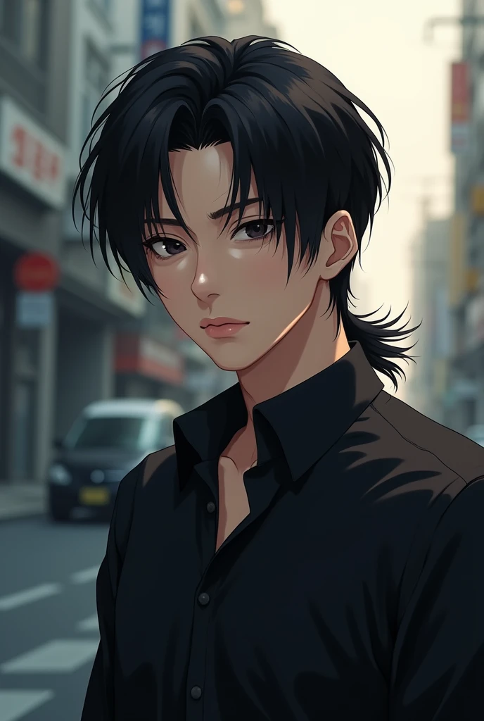 2d photo, black hair, two block mullet hairstyle, masculine, quiet, anime, black eyes, portrait, black shirt, mature, cold, Korean.