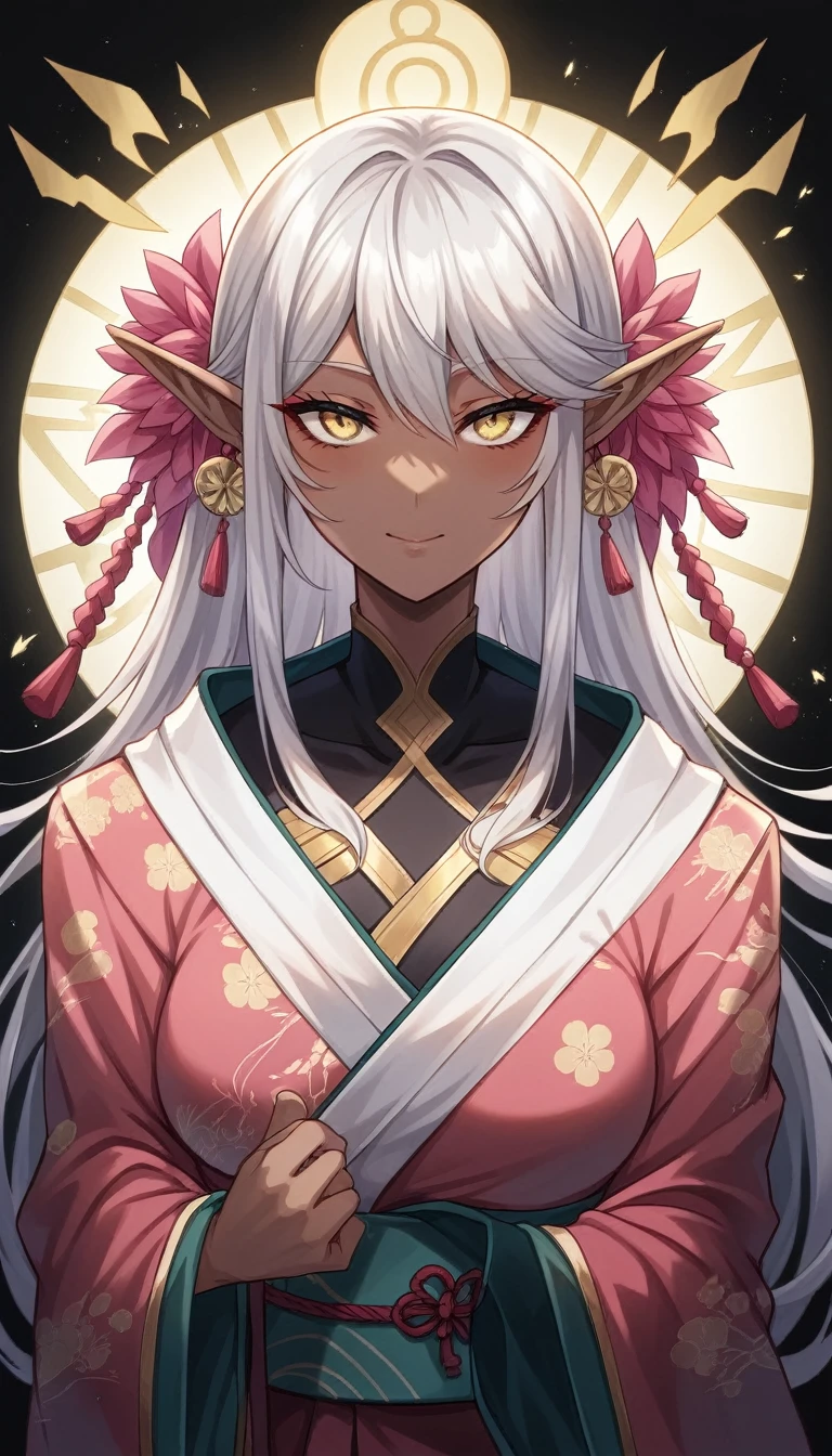 beautiful dark elf, silky silver hair, glossy yellow eyes, (attractive and seductive) and (amorous and lewd) expression, great body proportion, wearing open colorful Japanese Kimono, background tornado, iridescent lightning, conceptual installation art, (ultra detailed, absolutely resolution, best quality:1.3), 2.5D, delicate and dynamic effects, artistic, hyper, graphic CG digital art