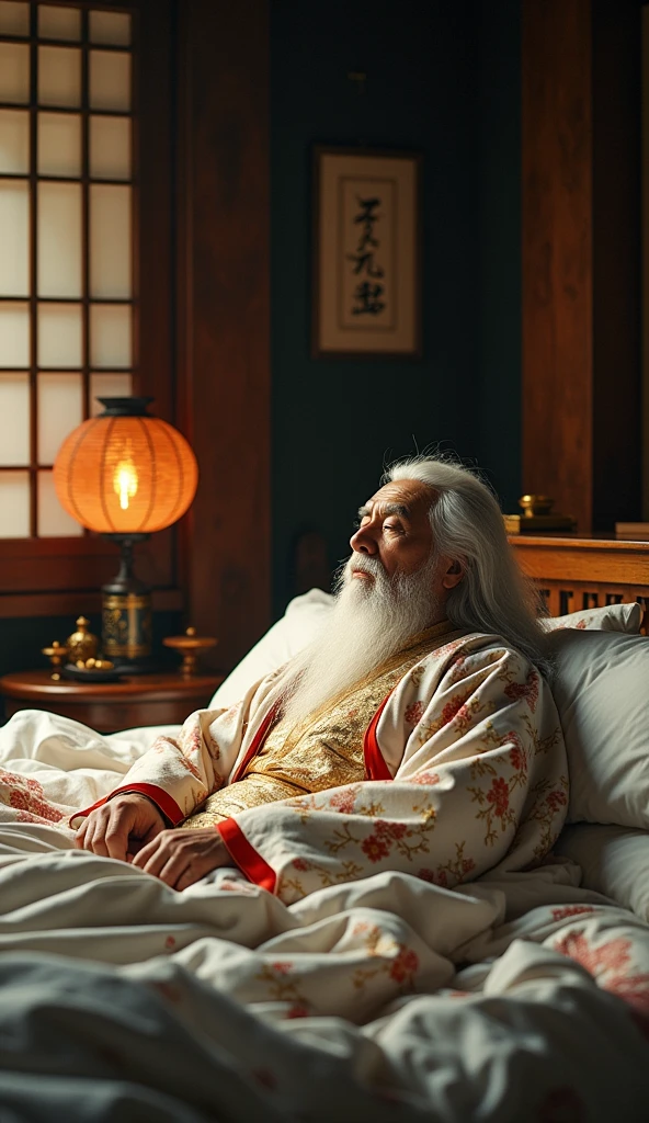 illustrates a 50-year-old king wearing a kimono sleeping in bed (White hair, white bed blanket)