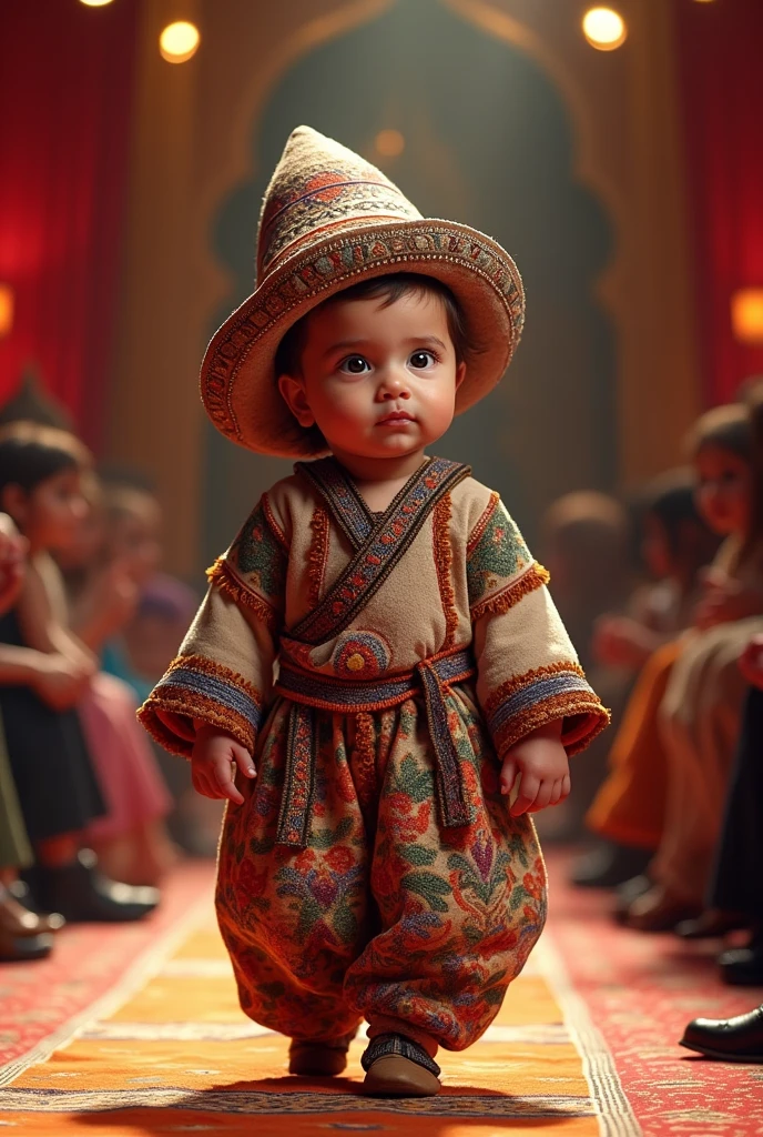 big head wearing Moroccan Berber costume and traditional hat in full body realistic fashion show