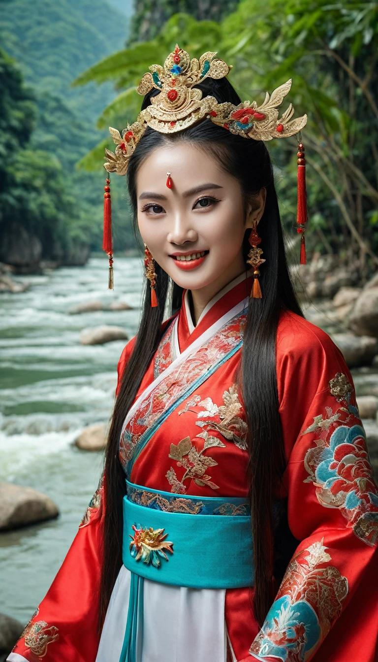 Character Dong Phuong Bat Bai, work Tieu Ngao Giang Ho by Kim Dung, China, ancient swordplay film. Half-body photo, an extremely beautiful girl, long hair, white skin, very beautiful makeup, hair with spiritual accessories, wearing red and red Chinese ancient costumes, ((holding a long sharp sword)), wearing jewelry care, smiling face, using high-end cosmetics. The photo shows a gentle, graceful look, the girl's eyes look straight into the lens The background is the rocks on the river surrounded by trees, limestone pillars, mountain river trees, majestic natural scenery, beautiful Vietnamese jungle, beautiful nature in the background, Chinese scenery, forest and river, very beautiful scenery, beautiful jungle scenery, wonderful scenery, trees and cliffs, . Background of the river forest, mountain forest scenery, beautiful jungle, blue sky, white clouds. Hong Kong cinema style. Cinematic light, high detail, 8K, artstation, artistic concept, any virtual darkness. Photo taken with Canon EOS R5 85mm f/11 camera, ((sharp)) mode of people and surroundings. Photo quality ((8K)), ((realistic)), ((masterpiece)), ((sharpest and highest contrast)), ((amazing depth of field)), ((stereoscopic light)), ((angry, fierce)), detailed pore defect, ((Direct light on face)), bright sunlight.