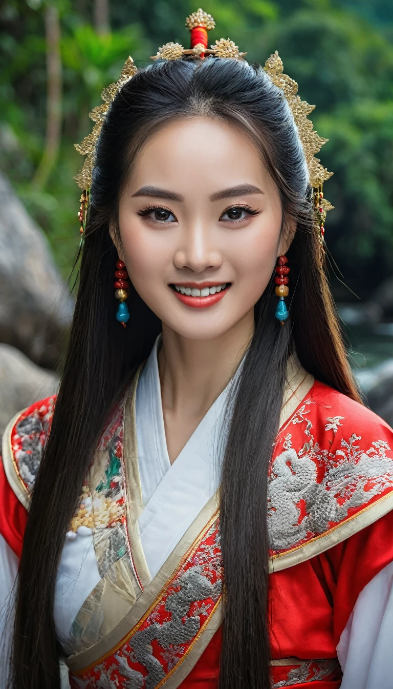 Character Dong Phuong Bat Bai, work Tieu Ngao Giang Ho by Kim Dung, China, ancient swordplay film. Half-body photo, an extremely beautiful girl, long hair, white skin, very beautiful makeup, hair with spiritual accessories, wearing red and red Chinese ancient costumes, ((holding a long sharp sword)), wearing jewelry care, smiling face, using high-end cosmetics. The photo shows a gentle, graceful look, the girl's eyes look straight into the lens The background is the rocks on the river surrounded by trees, limestone pillars, mountain river trees, majestic natural scenery, beautiful Vietnamese jungle, beautiful nature in the background, Chinese scenery, forest and river, very beautiful scenery, beautiful jungle scenery, wonderful scenery, trees and cliffs, . Background of the river forest, mountain forest scenery, beautiful jungle, blue sky, white clouds. Hong Kong cinema style. Cinematic light, high detail, 8K, artstation, artistic concept, any virtual darkness. Photo taken with Canon EOS R5 85mm f/11 camera, ((sharp)) mode of people and surroundings. Photo quality ((8K)), ((realistic)), ((masterpiece)), ((sharpest and highest contrast)), ((amazing depth of field)), ((stereoscopic light)), ((angry, fierce)), detailed pore defect, ((Direct light on face)), bright sunlight.