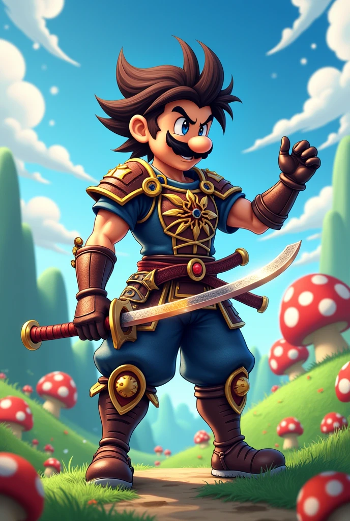 Demon slayer anime style guy in the world of Mario with realistic picture