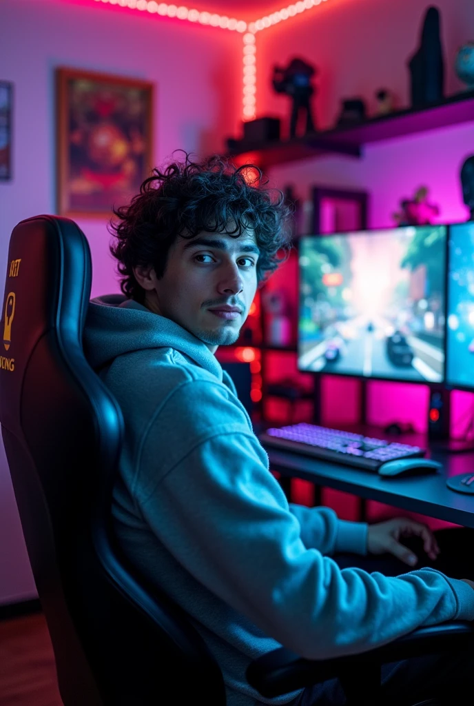 24 year man with huddi sit on gaming room and gaming chair on front of camera