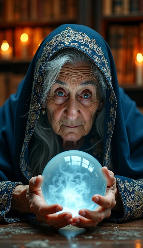 Old woman with crystal ball and cloth on her head, I&#39;m looking forward to