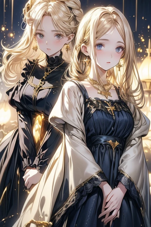 lamplight, beautiful woman, gold eyes, (Detailed eyes, The eyes are bright), Long blonde hair, pale-skinned, earrings, necklace, medium skin, dark blue dress, Meticulous gown, golden accessories on clothes, blue flowers as garments, (perfect anatomia), Highqualityshadow, natural lighting, (White highlights),overcast day, (starrysky), (shining)