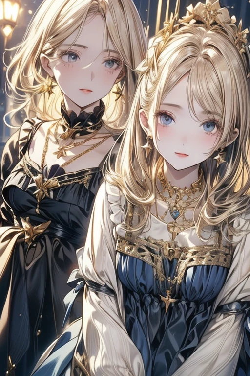 lamplight, beautiful woman, gold eyes, (Detailed eyes, The eyes are bright), Long blonde hair, pale-skinned, earrings, necklace, medium skin, dark blue dress, Meticulous gown, golden accessories on clothes, blue flowers as garments, (perfect anatomia), Highqualityshadow, natural lighting, (White highlights),overcast day, (starrysky), (shining)