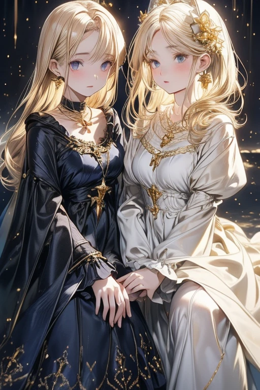 lamplight, beautiful woman, gold eyes, (Detailed eyes, The eyes are bright), Long blonde hair, pale-skinned, earrings, necklace, medium skin, dark blue dress, Meticulous gown, golden accessories on clothes, blue flowers as garments, (perfect anatomia), Highqualityshadow, natural lighting, (White highlights),overcast day, (starrysky), (shining)