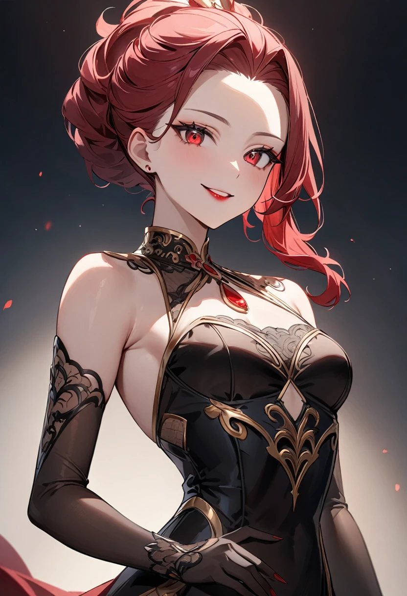 (masterpiece, top quality, very aesthetic, 4k、illustration), intricate detail, 1woman,solo,contrapposto 、(gradient eyes、tareme)、Strong glowing eyes、bangs pinned back,Fair skin,(cowboy shot)、Cool women、light smile、(red lipstick),beautiful face、(gradient hair)、(wavy red hair)、multicolored hair,sidelock ,red eyes、Gorgeous dress、small breasts、slender 、