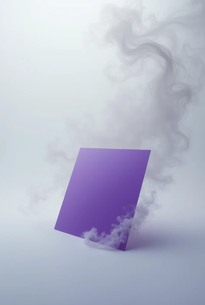 A concept music album cover, minimalist background with smoke, main symbol is a square with its front tilted diagonally close to touching the ground, it is a semi-transparent opaque purple object
