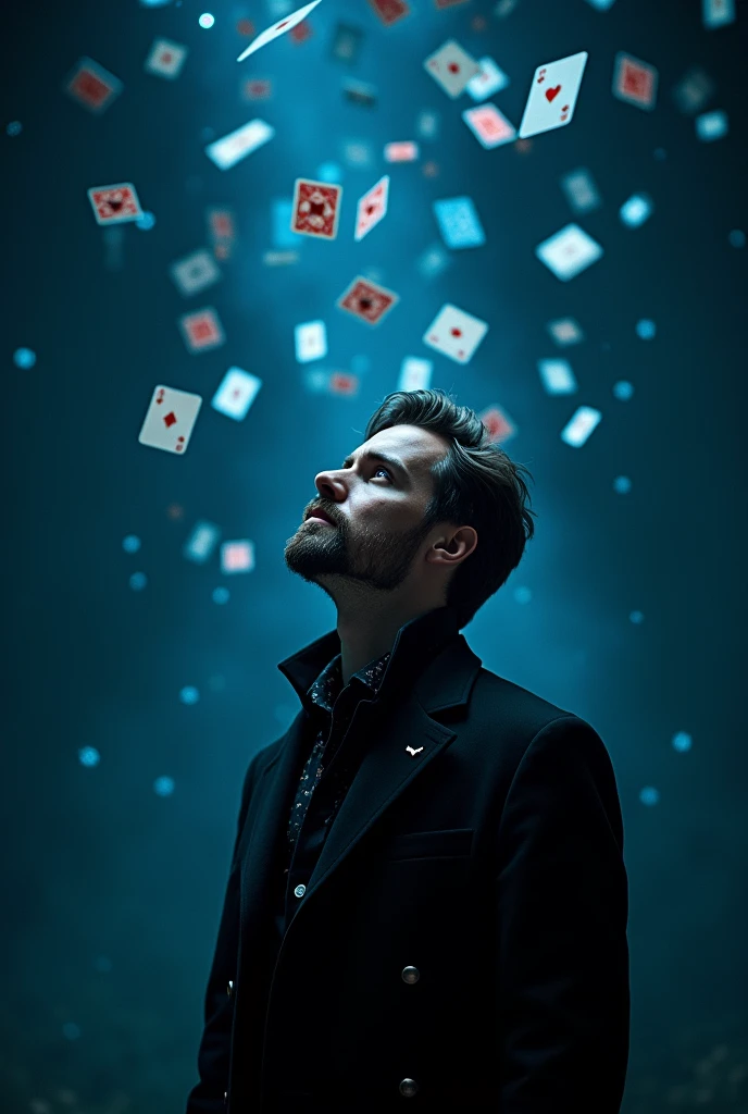 a man in a black coat looking up at a starry night sky, playing cards spinning around him, anime style, detailed face and expression, dramatic lighting, cinematic composition, moody and atmospheric, award-winning digital art, 8k, photorealistic