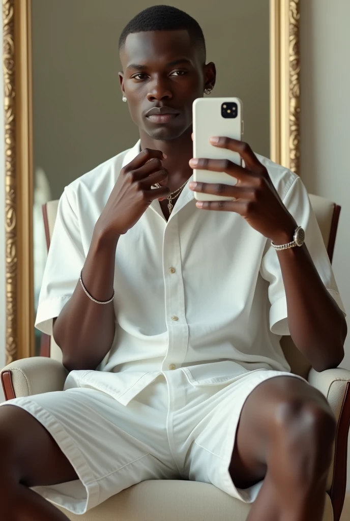 best qualityer:1.4), (ultra high resolution:1.2), (photorrealistic:1.4), (8k, CRU photo:1.2), a thin young man of 20 years old, skin black, with a smooth, beardless face, corte de cabelo buzzcut, is wearing a white short sleeve button down shirt, he is wearing white shorts. He is wearing a white cloud slipper. is wearing a thin silver chain, is sitting on a chair in front of the mirror to take a photo. The cell phone is an iPhone with a white case. 