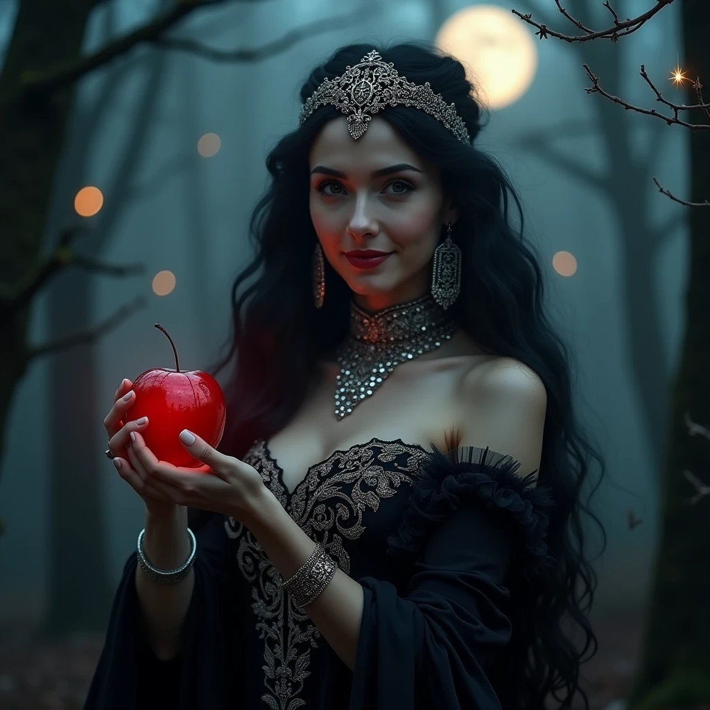 Young adult european woman, long black hair,black queen,Accessories,offering an apple in hand,poisoned apples,Witch Queen