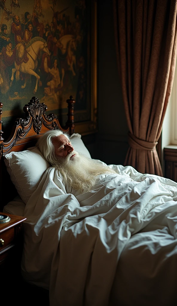 illustrates a 50 year old king wearing only an undershirt sleeping in bed (White hair, white bed blanket)