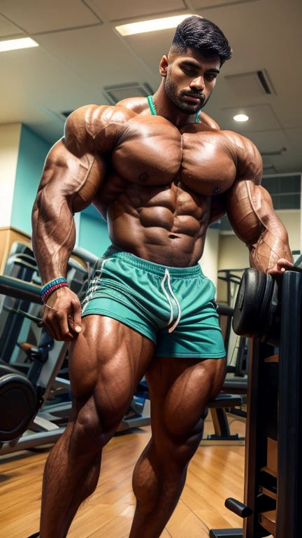 Handsome tall masuculine bodybuilder 30 years old INDIAN JAAT with huge bulge doing excercise in gym weared Gym tank with running shorts shaker tumblr in hand, wrist indian band
