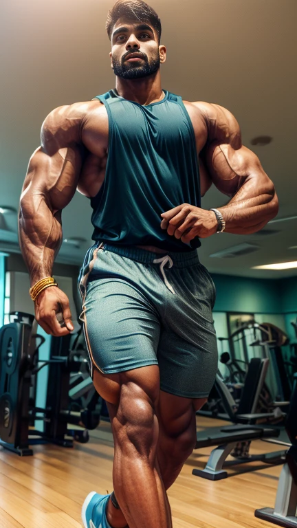 Handsome tall masuculine bodybuilder 30 years old INDIAN JAAT with huge bulge doing excercise in gym weared Gym tank with running shorts shaker tumblr in hand, wrist indian band