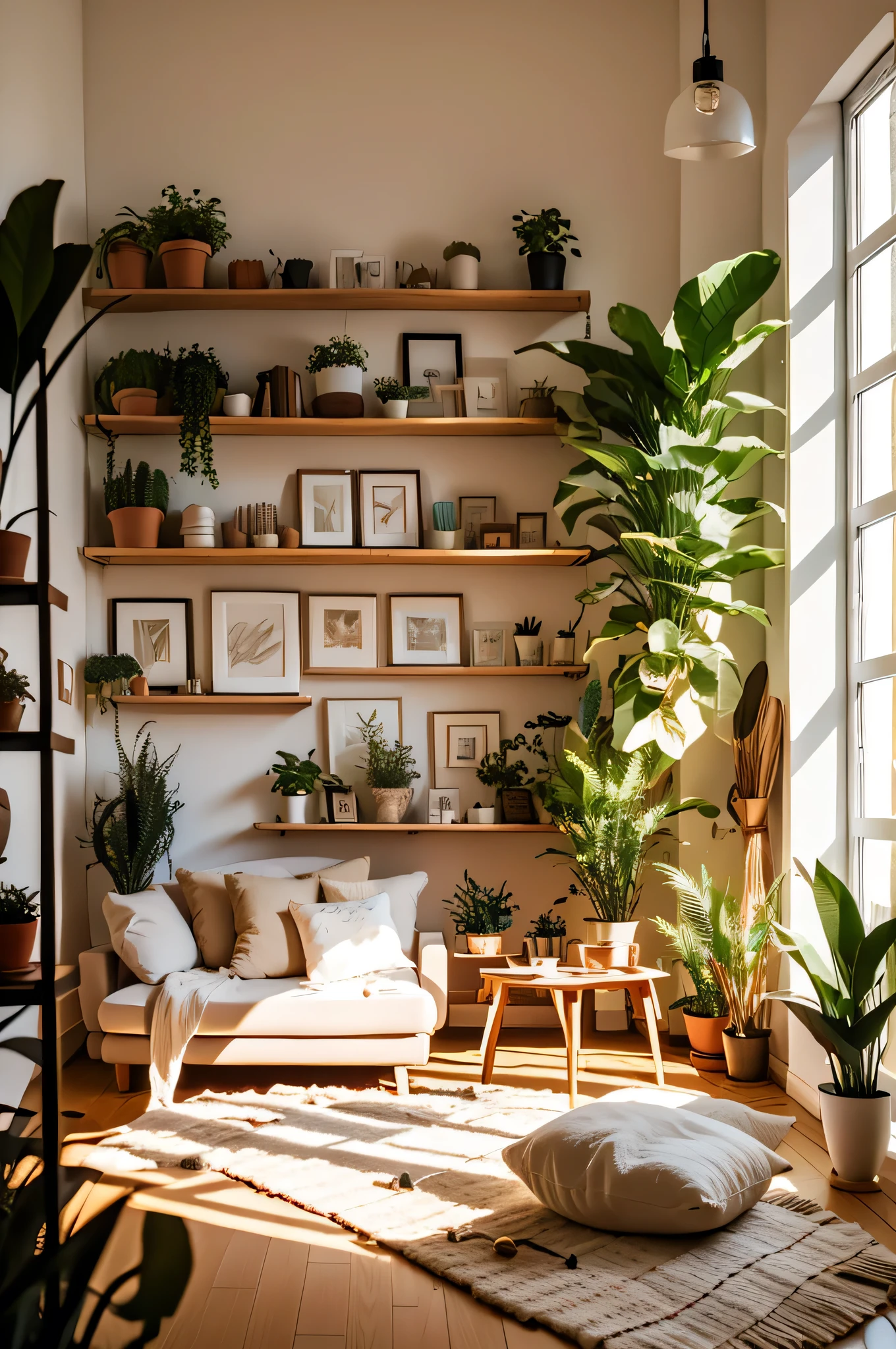 "Create an image of cozy home decor in a warm, inviting living space. The scene should feature soft, plush furniture with neutral tones, layered with textured throw blankets and pillows. Include elements like a rustic coffee table, a few potted plants, and warm ambient lighting from a floor lamp or candles. The walls can have framed artwork or shelves with books and small decorative items, contributing to the overall atmosphere of comfort and relaxation. The style should be a blend of modern and rustic, with an emphasis on warmth and coziness."