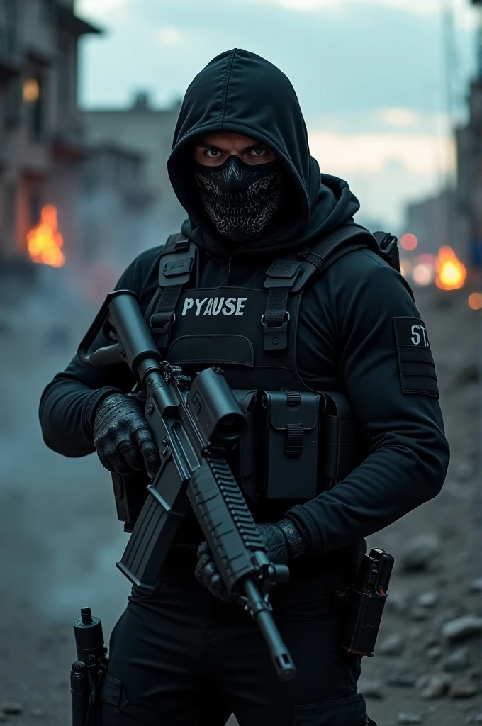 Special forces army in fully black uniform and masked face