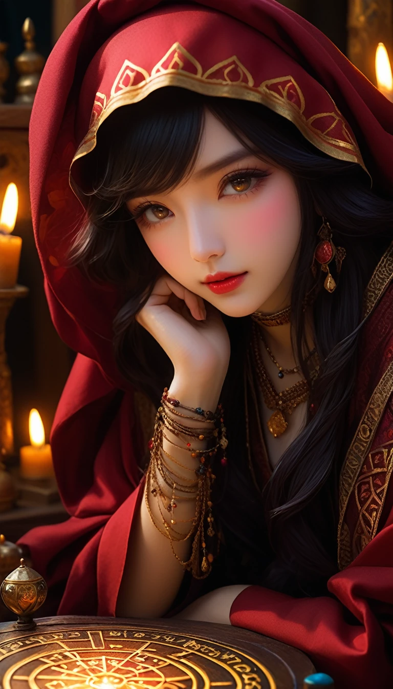 ((Masterpieces with up to 16K resolution):1.6),((soft_color_photograph:)1.5), ((Ultra-detaileded):1.4),((Cinematic stills and dynamic angles):1.3). | (タロットテーブル上のタロットカードのマクロ撮影photograph), (Fortune teller reading tarot cards), (Fortuneteller's room), (Macro Lens), (Fortune teller's ornament), (Dark Candle), (Luminescent objects), (Mysterious atmosphere), (Shine), (Beautiful DnD Container), (Visual experience),(realism), (Realistic), Award-winning graphics, Dark Shot, Film Grain, extremely detaileded, Digital Art, RTTX 10.0, Unreal Engine, Scene concept anti-reflective effect, all of鮮明に捉えられている. | Rendered in Ultra-high definition with UHD and retina quality, this masterpiece ensures anatomical correctness and textured skin with super detailed. Focus on high quality and precision, This award-winning portrait、Capture every nuance with stunning 16K resolution, immersing viewers in its Realistic representation. | ((perfection_composition, perfection_design, perfection_Layout, perfection_detailed, Ultra_detaileded)), ((Strengthen_all, repair_all of)), More detailed, Strengthen.