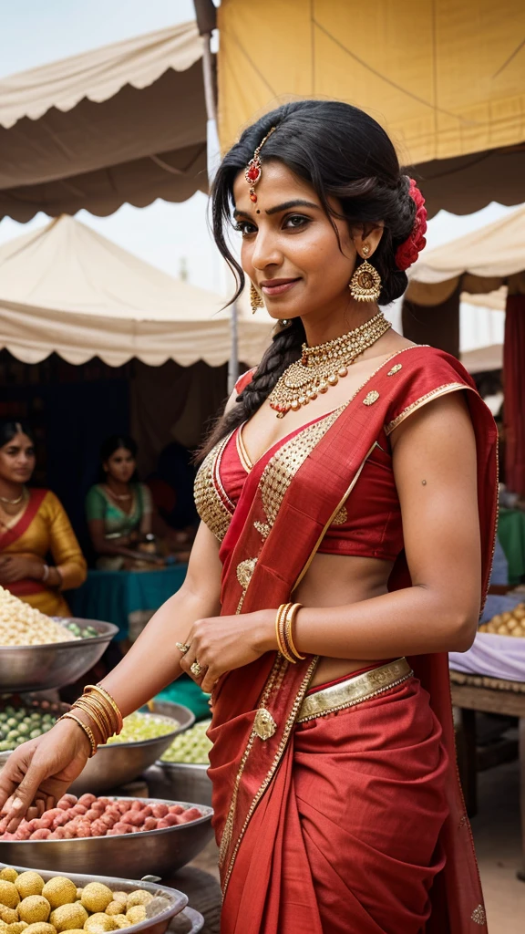 "Envision a lively scene: a middle-aged, middle-class Rajasthani Marwari woman, aged 40-55, with a warm smile, engaged in a spirited bargaining session with a vendor in a bustling wholesale market. She wears a stunning, simple red saree, adorned with steel jewelry, a delicate bindi, and a dupatta elegantly draped over her hair, showcasing her cultural heritage. Her hair is styled in a traditional Marwari manner, adding to her authenticity. The vendor, surrounded by an array of colorful jewelry and bangles, listens intently as she negotiates the price. The market, filled with vibrant stalls and shoppers, is set against the striking backdrop of a desert landscape. Transform this scene into a captivating Disney-Pixar-style image, blending realistic textures with cartoonish charm. Emphasize the woman's determination, the vendor's enthusiasm, and the intricate details of her attire and surroundings. Output a high-resolution image with a warm, natural color palette and dynamic lighting, reminiscent of a scene from a Disney-Pixar film."