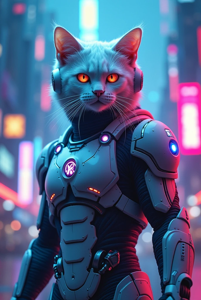 White cat angry looking with RoboCop costume with helmet glowing with led lights in cyberpunk scenery with blue and pink colours