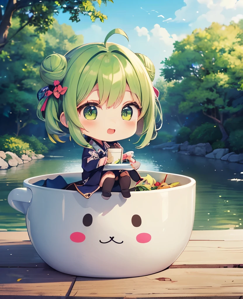 Dark green hair bun、Metal Band、Ultra HD、super high quality、Luxury garden background、((looking at the camera))、Green bun hair、Smiling face、(((二頭身の嬉しそうな表情のChibi Character)))、(((銀髪のあずきの擬人化したChibi Characterと一緒)))、(((器に入った緑のお団子ヘアのChibi Character)))、(((小豆の擬人化したChibi Character)))、Saturation Up、Early summer scenery of a high-end Japanese garden、(((器の中に入ってるChibi Character)))、(((アズキが擬人化したChibi Characterと一緒にいるヨモギを擬人化したChibi Character)))、(((Playing with a white healing character)))、((ふわふわボールで遊ぶChibi Character))、((Matchaを飲むChibi Character))、(((8月らしい高級な器に入ったChibi Character)))、((Surprised expression))、(((Beautiful Japanese Garden)))、((器の中に入ってるChibi Character))、((Chibi Character、擬人化されたヨモギChibi Characterクター))、Mugwort manju character、Cute mugwort bun、Green Eyes、Healing Characters、((Green hair in a bun))、Matcha、((Delicate Japanese patterns))、Delicate embroidery、Fine wrinkles、Delicate depiction、Containers with delicate patterns、(((Delicate Japanese patterns容器)))、((あずき色の髪の小豆を擬人化したChibi Characterも一緒にいる))、Asian delicate patterns、masterpiece、Ultra HD、super high quality、美しい容器の中のChibi Characterクター、Round characters in beautiful delicate containers、(((濃い緑色のボールで遊ぶChibi Character)))、(((Leaves are not drawn)))、(((A round white stuffed toy painted on the outside of the container)))、Create countless colorful and intricate overlapping patterns。Across the screen、Vibrant colors and detailed textures、Chaotic beauty。Each piece of paper is、Subtle color variations create a clear and powerful overall visual impact.。Rich details with attention to detail、A small story unfolds depending on the viewing angle、A complex and multi-layered piece of art、