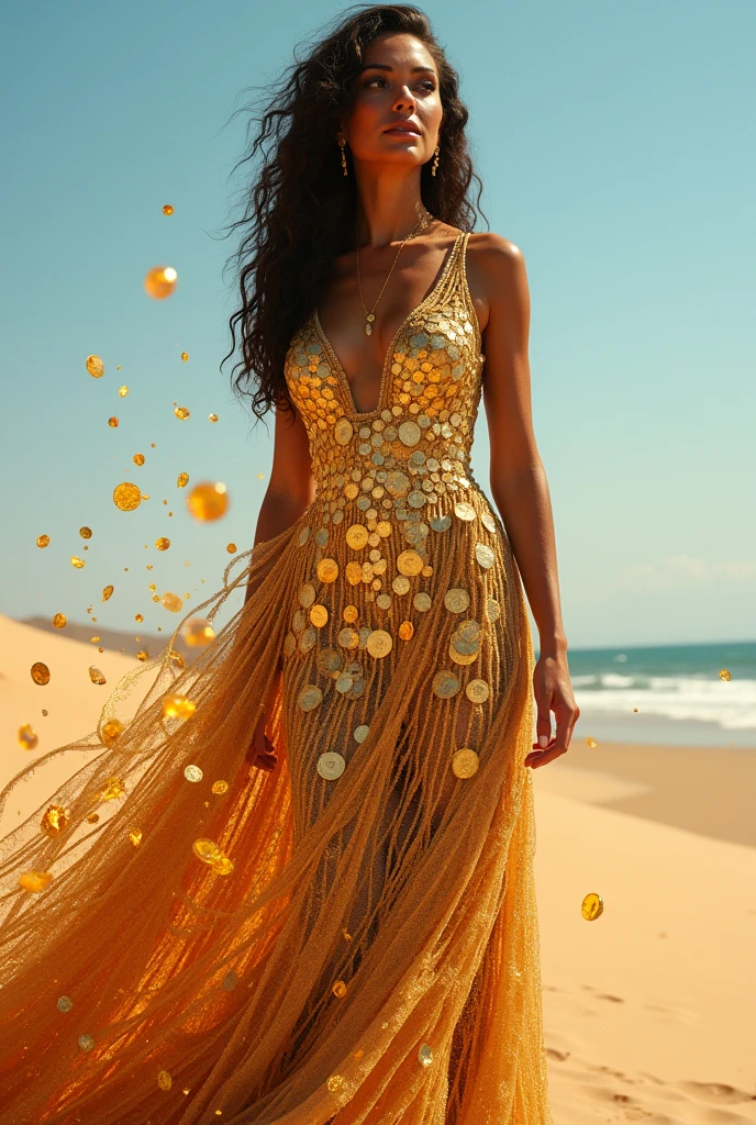 Create an exquisite full-body portrait of a tall and alluring mature woman, capturing her elegance and strength in a cinematic lighting environment. She wears a stunning dress made of interconnected gold coins, each piece intricately detailed and reflecting the sunlight beautifully. Her glowing, flowing sand-like aura surrounds her, interspersed with floating ember crystals that add a magical touch to the scene. Position her in a sensual yet tasteful pose that highlights her curves and confidence. Her long, curly hair cascades gracefully down her shoulders, adorned with delicate golden hair jewelry that catches the light. Her captivating golden eyes sparkle with energy, suggesting an enchanting depth. Set against a backdrop of a clear blue sky with a vast desert meeting the ocean, the composition blends natural beauty with a hint of fantasy. This masterpiece combines ultra-detailed realism with a sense of magic, emphasizing her powerful presence and the interplay of light and shadow around her. The entire scene should evoke a sense of wonder and allure while maintaining an air of sophistication.
