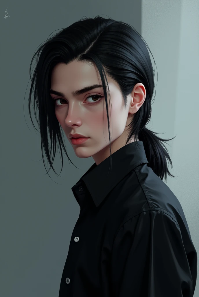 2d photo, black hair, two block mullet hairstyle, masculine, quiet, anime, black eyes, portrait, black shirt, mature