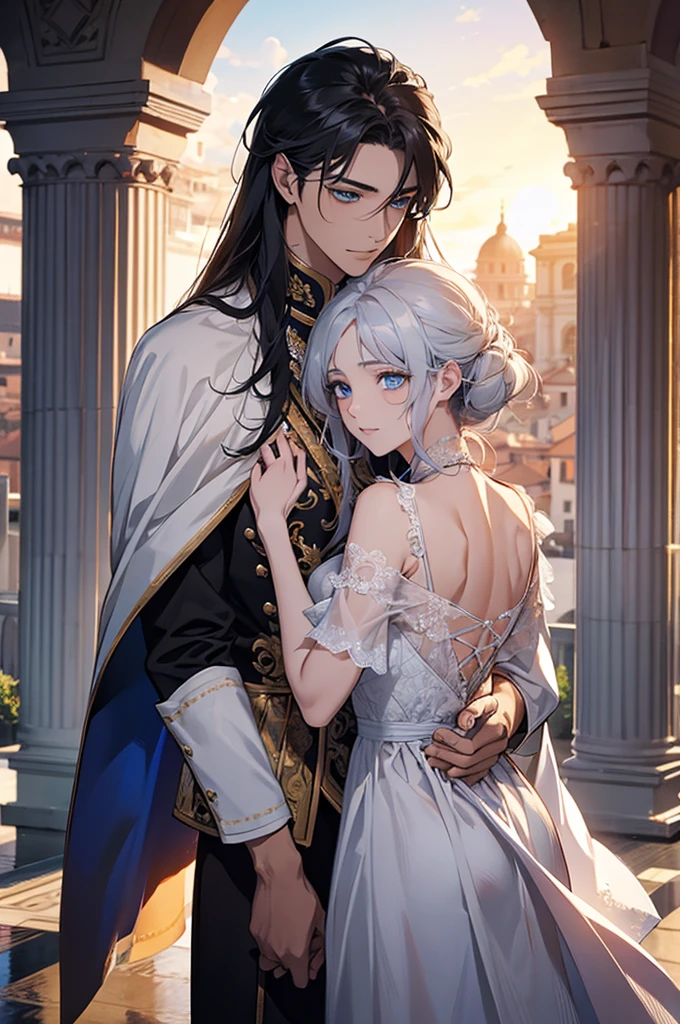 จักรพรรดิromeันคอนสแตนตินมหาราช((Black-haired man,blue eyes)). The great emperor and the beautiful woman named Serdika((White-haired woman,blue eyes)),Face details, High Definition Details, beloved by the จักรพรรดิromeันคอนสแตนตินมหาราช. Happy couple. The bond of eternal love. Mutual love. Pure Love. romantic, sunset, Only return, Realistic, fresh breeze of early summer.“romeของฉันคือเซอร์ดิกา” ด้วยความรัก.rome.งดงามและmelodic. Amazing. With admiration for Sofia, Bulgaria.epic. melodic.Amazing , View background. in the city. It's so beautiful.. high resolution. High quality. high resolution. digital art. It's so beautiful.. high resolution. High quality. high resolution. digital art.