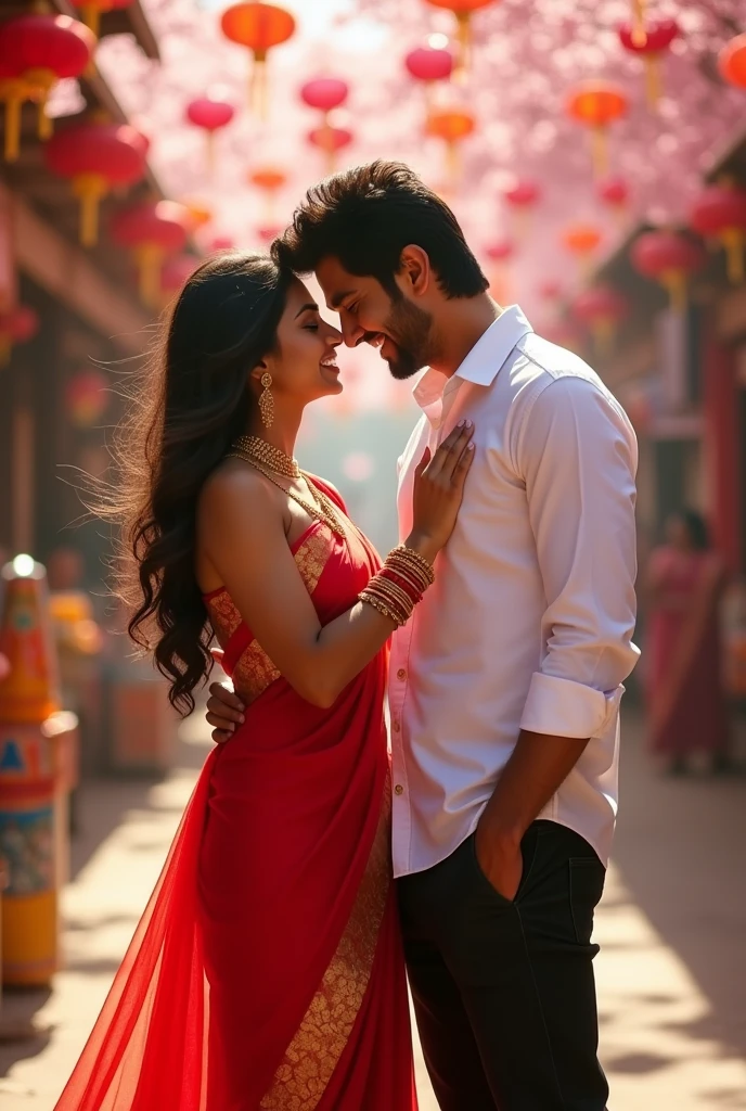 A beautiful lean Indian woman wearing read saree locking her hands with the handsome man's neck who is tall handsome like hritik Roshan wearing white button up t-shirt and black jeans