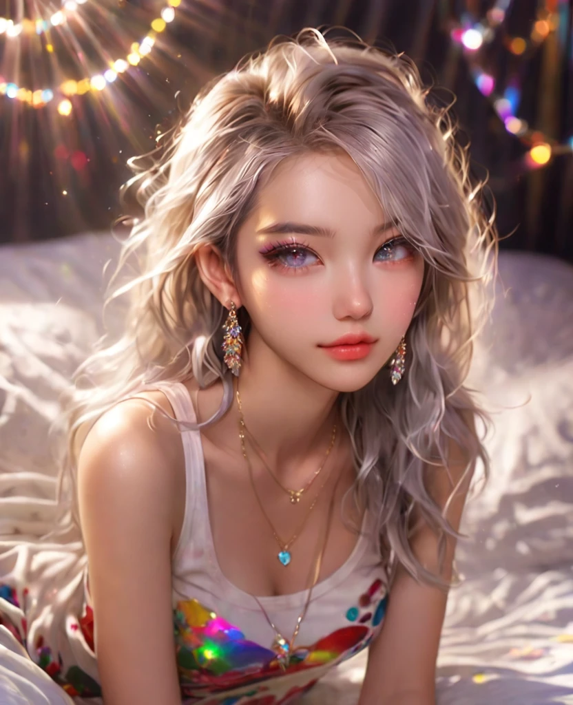8K,an extremely delicate and beautiful,Beautiful and realistic skin,Shiny jewel-like earrings,Bedhead,like glitter white hair,beautiful eyes,tanktop,jeans,asian cute girl,full body