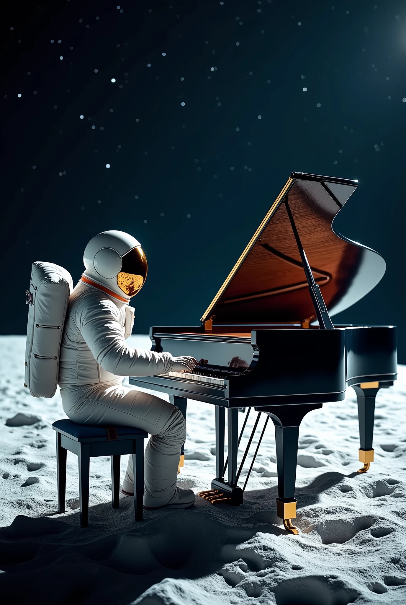 An astronaut sitting at a grand piano that magically sits on the lunar surface, playing a melody while the keys seem to move gently in the low gravity.