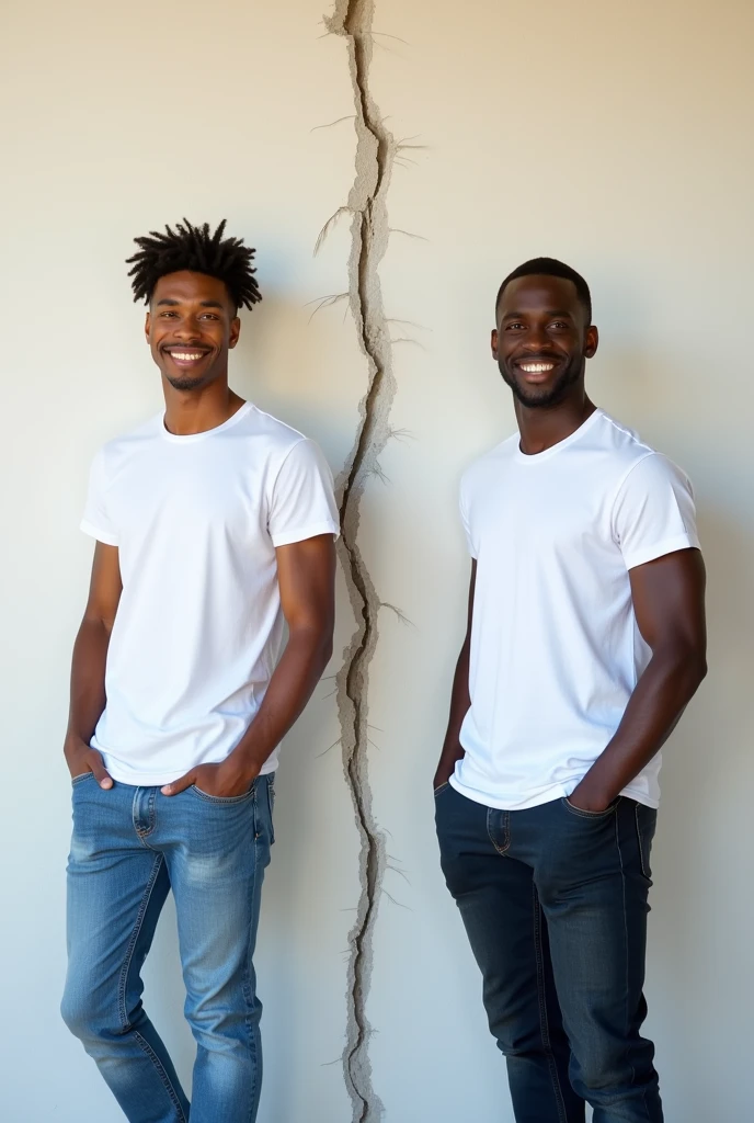 Create a split-image of the same brown skinned man shown side by side against a a little bit cracked wall background to illustrate a before and after transformation. In the 'before' image on the left, depict the man as shorter and wearing a plain white T-shirt and jeans. In the 'after' image on the right, show the same man taller, with no change in  physique, wearing the same white T-shirt but with casual pants instead. Both images should have the man smiling and looking directly at the camera, with a noticeable difference in height and presence. The background should be minimalist with natural lighting, highlighting the transformation. Make the picture realistic 