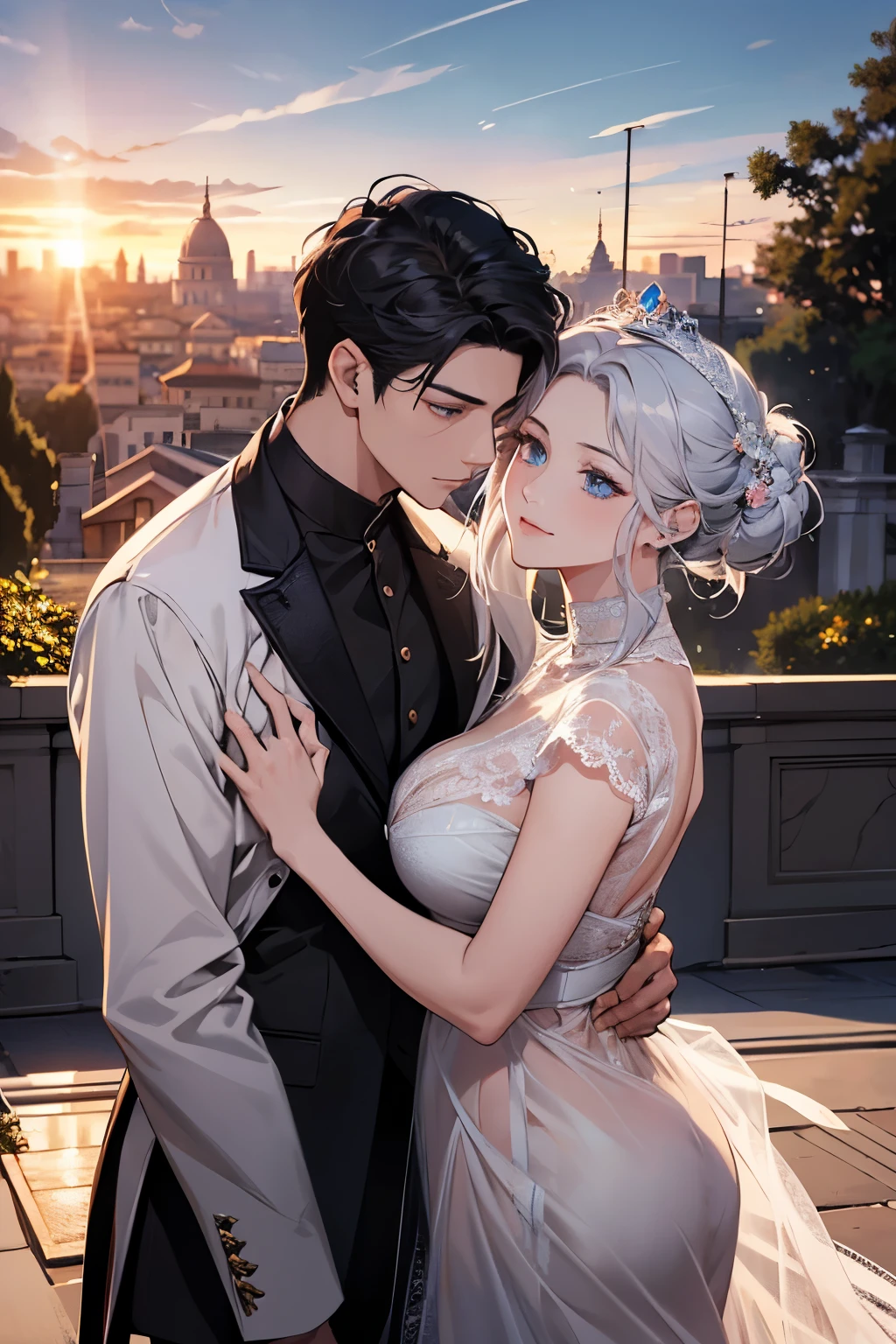 จักรพรรดิromeันคอนสแตนตินมหาราช((Black-haired man,blue eyes)). The great emperor and the beautiful woman named Serdika((White-haired woman,blue eyes)),Face details, High Definition Details, beloved by the จักรพรรดิromeันคอนสแตนตินมหาราช. Happy couple. The bond of eternal love. Mutual love. Pure Love. romantic, sunset, Only return, Realistic, fresh breeze of early summer.“romeของฉันคือเซอร์ดิกา” ด้วยความรัก.rome.งดงามและmelodic. Amazing. With admiration for Sofia, Bulgaria.epic. melodic.Amazing , View background. in the city. It's so beautiful.. high resolution. High quality. high resolution. digital art. It's so beautiful.. high resolution. High quality. high resolution. digital art.