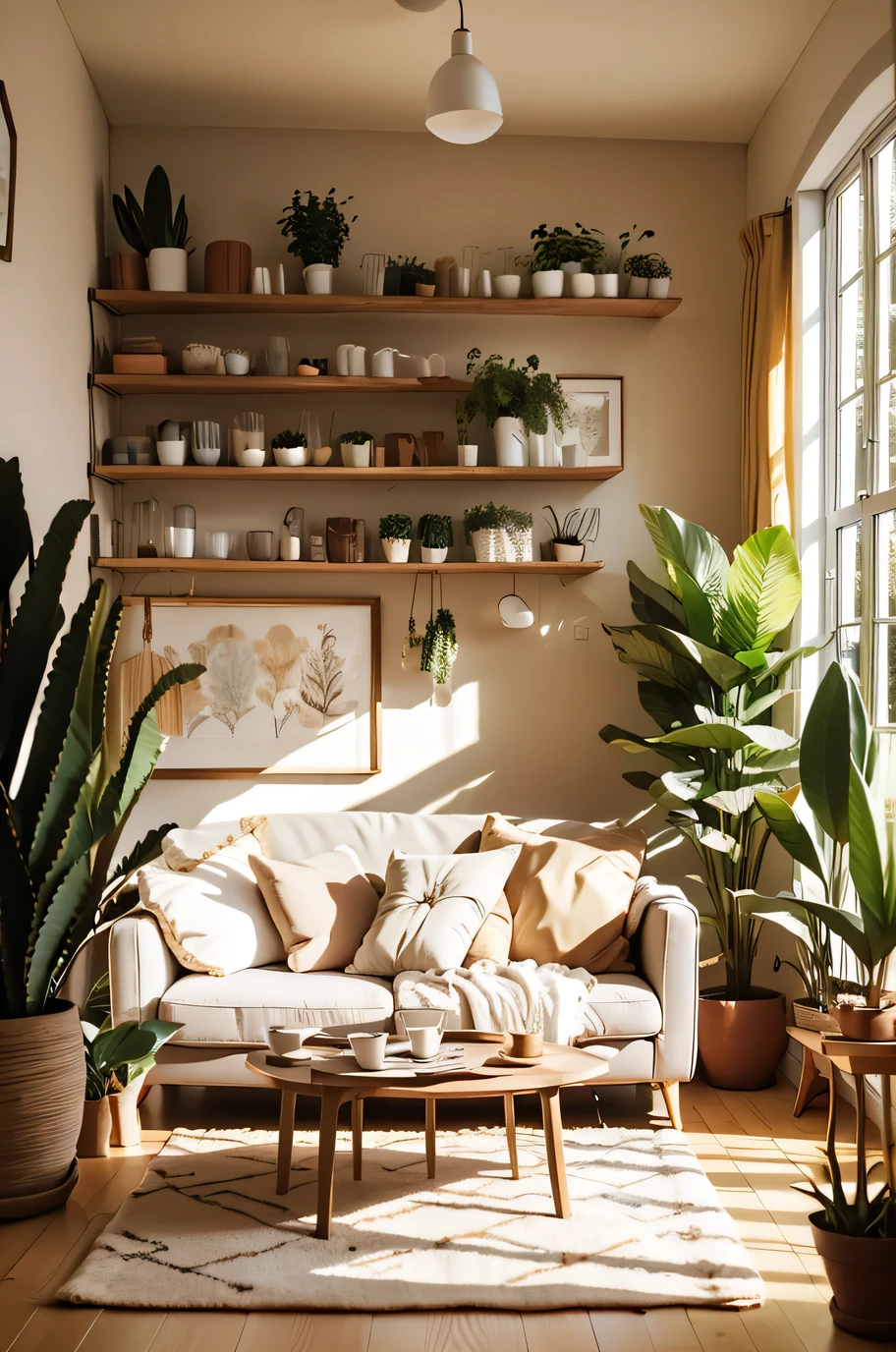 "Create an image of cozy home decor in a warm, inviting living space. The scene should feature soft, plush furniture with neutral tones, layered with textured throw blankets and pillows. Include elements like a rustic coffee table, a few potted plants, and warm ambient lighting from a floor lamp or candles. The walls can have framed artwork or shelves with books and small decorative items, contributing to the overall atmosphere of comfort and relaxation. The style should be a blend of modern and rustic, with an emphasis on warmth and coziness."