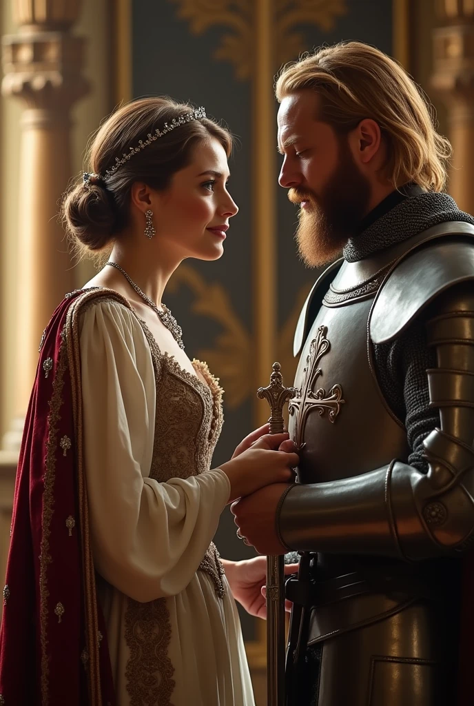 The queen places her sword on the kneeling knight shoulder, Acored, (1 woman and 1 man is existence), front view, Full-body, 13 century, English, White girl, England queen, 30 age-old, (blend hair, hair bun, little lip, little smile ) (tiara, earring), (middle breasts, slender whist, middle hip), slender body,(ancient old fashion, courtly romance), on floor, standing palace in London, (Englishman, 40 age-old, gold hair, middle hair, beard, mustache, Serious),Cover the whole body in armor, The handle is cross-shaped, It is decorated, kneeling , down head, (masterpiece, Highest quality, masterpiece, God-like quality, Godly art, Very realistic),