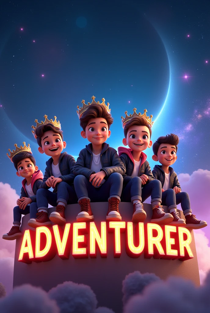 3D Animated of four boys two girls seating in text "ADVENTURER" with Crown . Wearing black and white jacket . the background is outer space