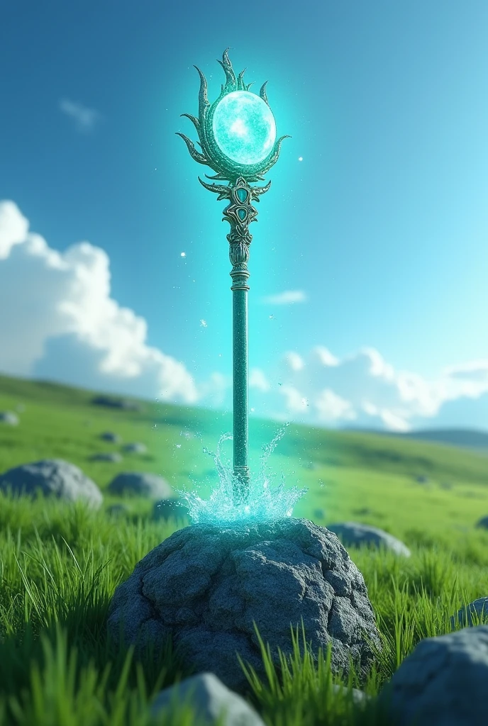 masterpiece、Highest quality、Very detailed、Ultra-high resolution、grassland、blue sky、A magic wand in the shape of a splash of jade stuck in a rock、Water Blue Aura