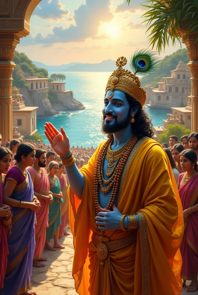 Krishna Resettling the Yadavas: "Krishna warmly welcoming the Yadava people into Dwarka, providing them with homes, security, and a prosperous new beginning."