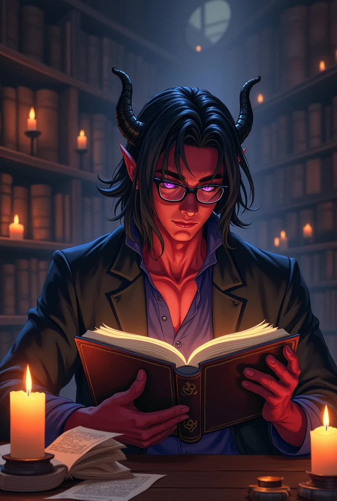 dnd, dungeons and dragons, tiefling, warlock, demon, nerd, reading, solo, single person, dark red skin, shoulder length straight black hair, purple eyes, handsome, male, skinny, anime, small black horns, bat wings, glasses, studying, magic, ((masterpiece, best quality)), trending artwork