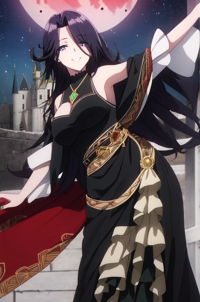 ((masterpiece, high quality, best quality, highres)):1.2, old castle,  smile, looking at viewer, 
white and Gold embroidery dress, Gorgeous dress,Aurora,  masterpiece ,dancing,Obsidian Necklace,close to camera,midnight,red moon,stardust night