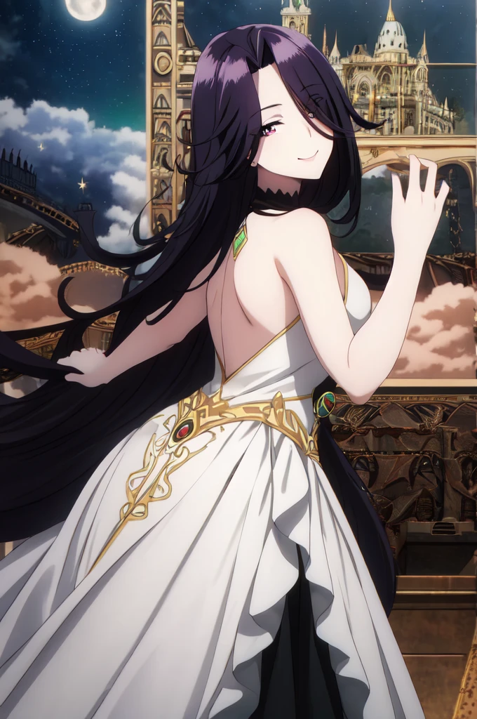 ((masterpiece, high quality, best quality, highres)):1.2, old castle,  smile, looking at viewer, 
white and Gold embroidery dress, Gorgeous dress,Aurora,  masterpiece ,dancing,Obsidian Necklace,close to camera,midnight,red moon,stardust night